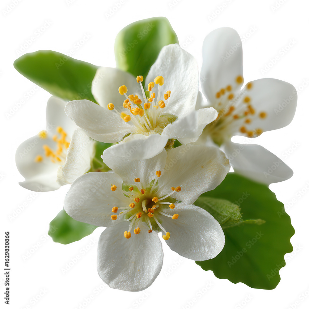 Obraz premium Delicate white blossoms with vibrant yellow stamens, surrounded by green leaves, showcasing the beauty of spring flowers in full bloom.