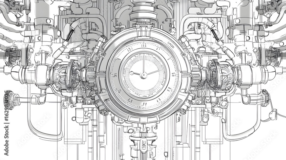 Fototapeta premium Digital illustration of a complex, interconnected mechanical clockwork device with a central timepiece.