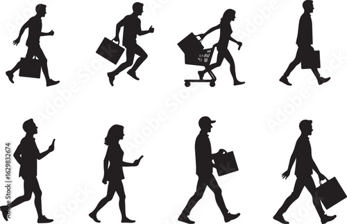 People silhouettes in motion with bags and phones