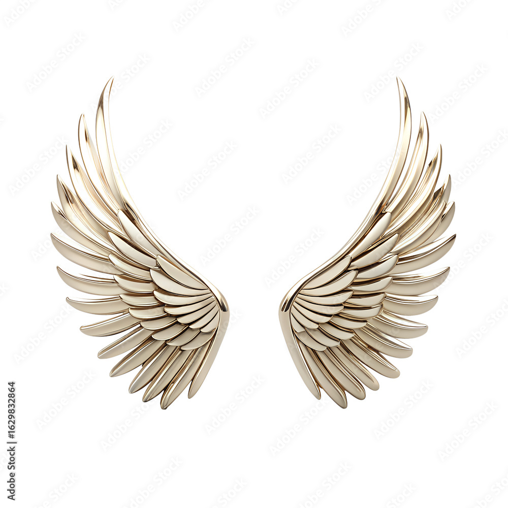 Obraz premium A pair of ornate golden angel wings with intricate feather details, isolated on a transparent background, representing divinity and freedom