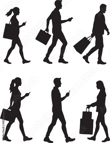 Diverse silhouettes of people walking with shopping bags and phones
