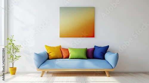 Blue couch with wooden legs and colorful pillows against white wall with abstract decor