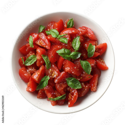 Freshly chopped tomatoes garnished with basil leaves in a white bowl, perfect for salads, sauces, or healthy dishes, captured on a clean, isolated background.