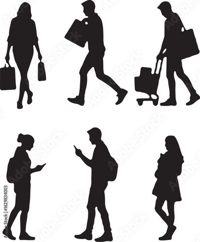 People silhouettes shopping and using phones