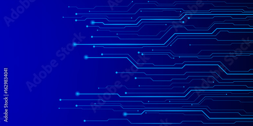 Modern blue technology background with glowing circuit lines and futuristic digital elements. Perfect for IT presentations, innovation banners, and high-tech marketing materials