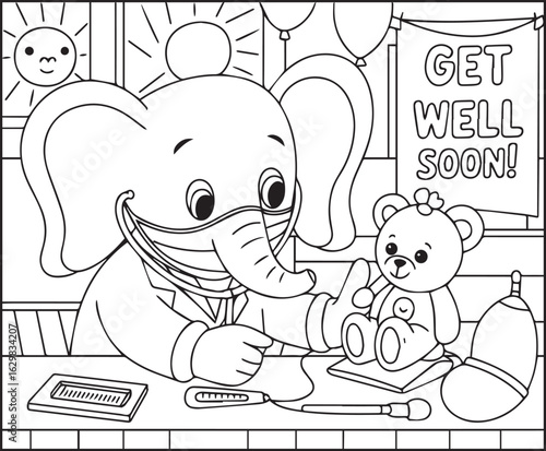 Doctor elephant treatment a patient in hospital black line art vector illustration for children coloring page design