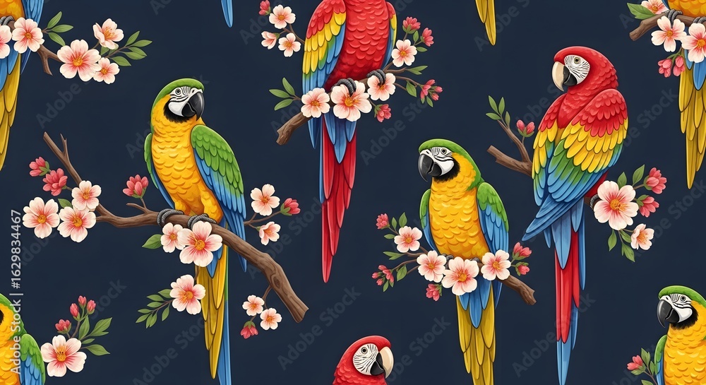 Fototapeta premium Vibrant macaws perched on cherry blossom branches, a beautiful tropical avian pattern