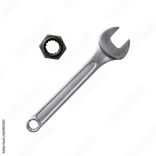Tool set including a wrench and nut, isolated on a white background.
