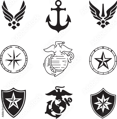 US military emblems shield anchor compass emblems icons