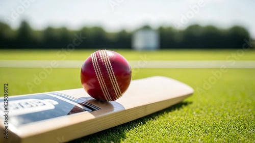 Close up of a red cricket ball on a wooden bat, lying on the green grass of a cricket pitch on a sunny day.