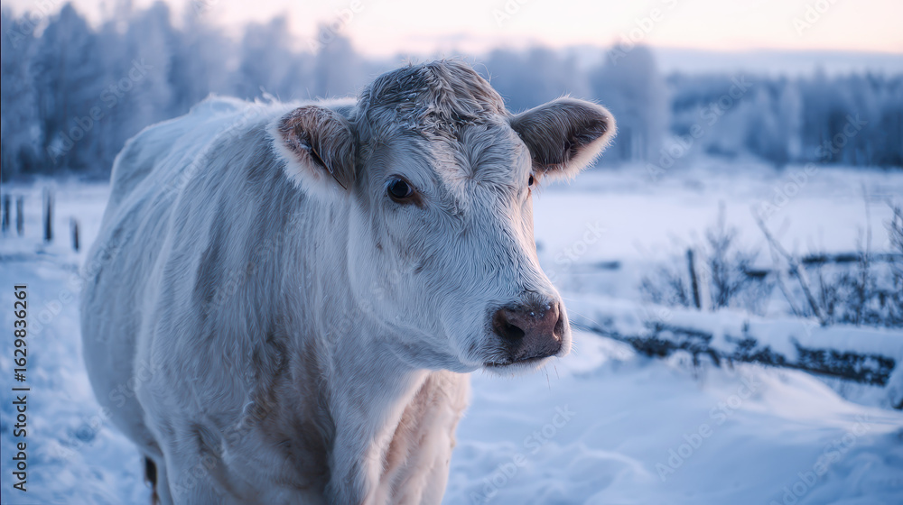 Fototapeta premium Cow in a Snow Covered Field