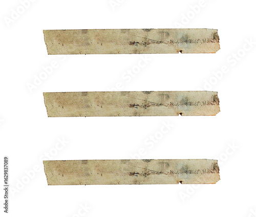 Set of three old, stained masking tape strips arranged horizontally on a white background. aged and worn with visible marks and discoloration
