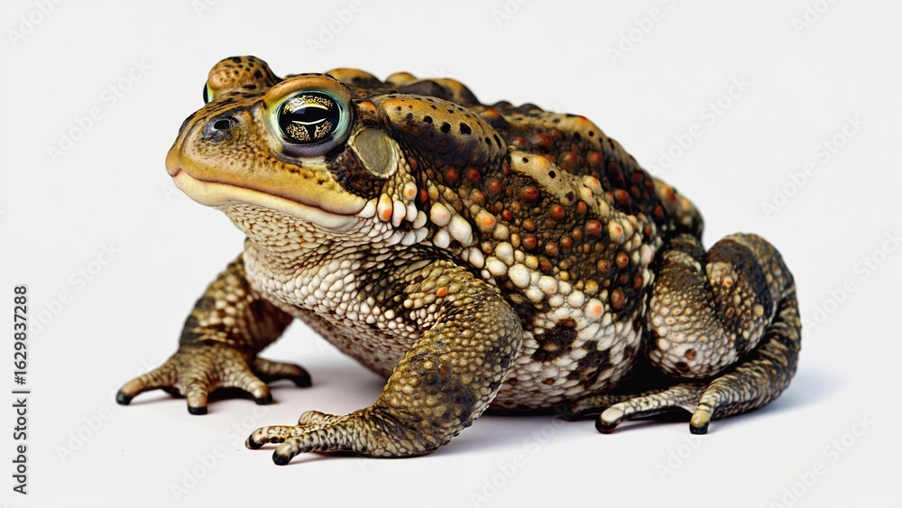 Fototapeta premium On a light gray background there is a large toad with pimply skin mixed with brown, beige and red shades. Golden eyes with dark pupils emphasize her uniqueness and character.