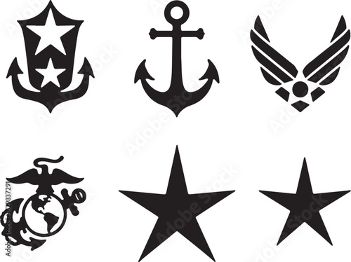 Military emblems anchor stars Air Force wings eagle globe