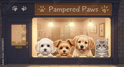 Adorable Puppies and Kitten Peeking Out of Pampered Paws Pet Grooming Shop Window