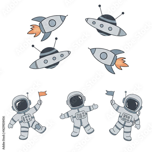 set of cartoon rocket and ufo