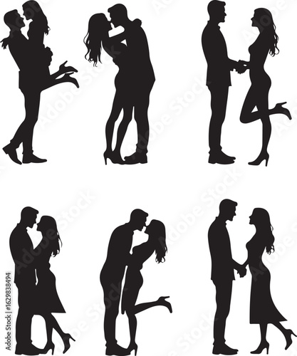 Romantic couples in silhouette, sharing tender moments and love