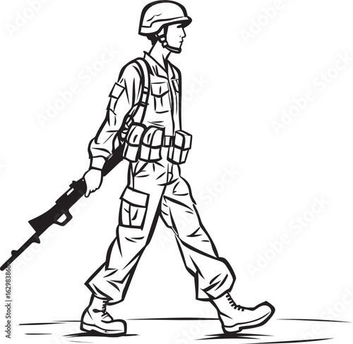 Vector Black Logo of Soldier Walking and Holding Gun Soldier Walking with Firearm Vector Black Logo Icon