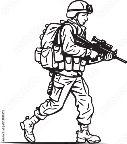 Vector Black Logo of Walking Soldier Holding Rifle Walking Soldier Armed Vector Black Logo Icon