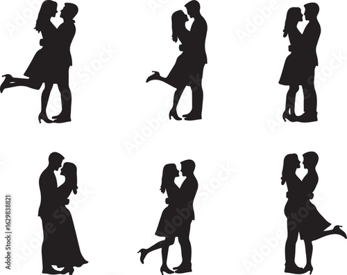 Romantic couple silhouettes embracing in elegant poses