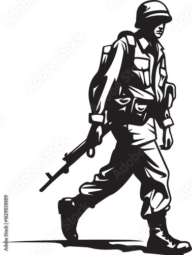 Black Silhouette Logo of Walking Soldier with Rifle Vector Black Icon of Soldier Walking with Weapon in Hand