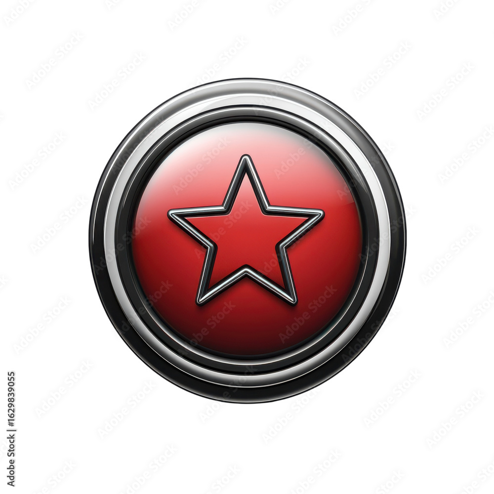 Glossy red star icon with chrome border, a symbol of quality, rating on transparent background Glossy red star icon with chrome border, a symbol of quality, rating on transparent background