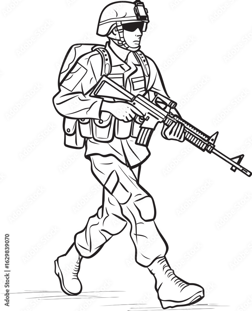 Fototapeta premium Walking Soldier Carrying Weapon Vector Black Icon Soldier Walking with Gun Vector Black Logo Illustration