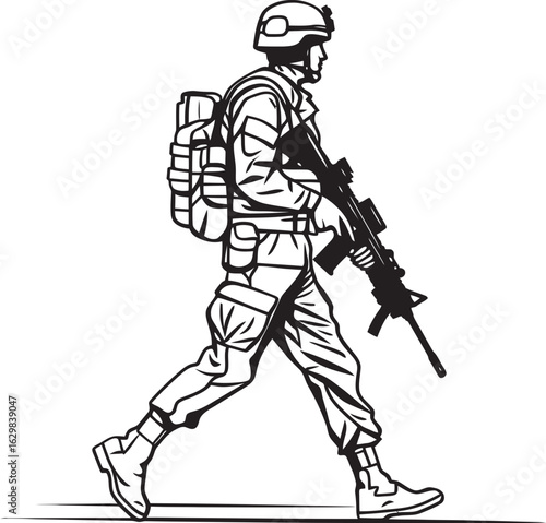 Soldier Walking Armed Vector Black Logo Illustration Black Silhouette Logo of Soldier Walking with Gun