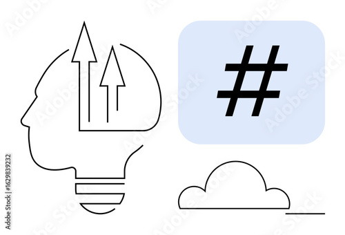 Outline of human head with arrows symbolizing growth, metadata tag in speech bubble representing trends, cloud for abstract thinking. Ideal for innovation, creativity, social media, networking