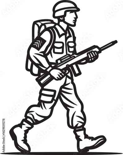 Walking Soldier Carrying Gun Vector Black Logo Vector Black Logo of Soldier Walking with Weapon