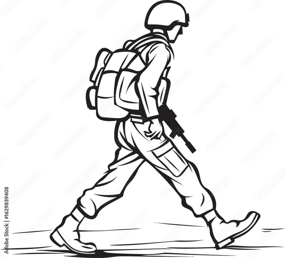 Fototapeta premium Vector Black Logo of Armed Soldier Walking Forward Soldier Marching with Rifle Vector Black Icon