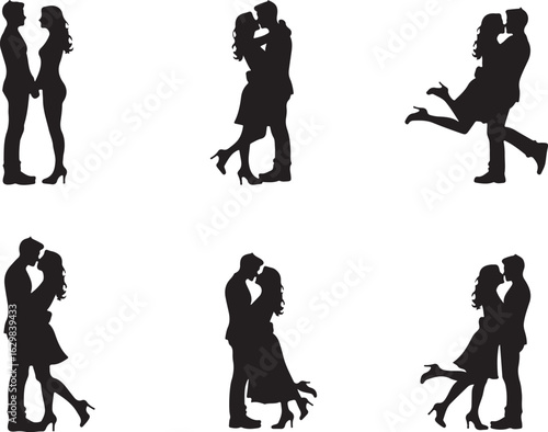 Romantic couples embracing and kissing in silhouette
