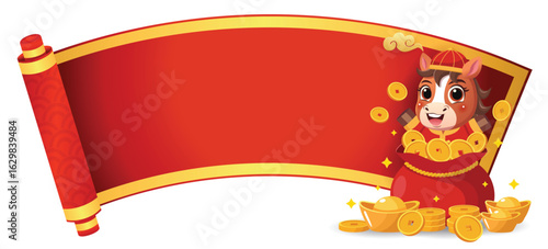 Happy Chinese New Year Horse with Red Scroll Banner