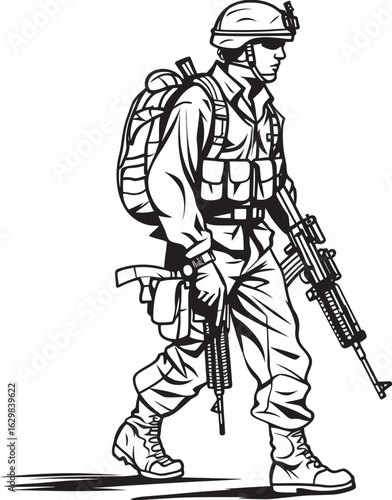 Soldier Walking with Firearm Vector Black Logo Walking Soldier Holding Weapon Vector Black Icon