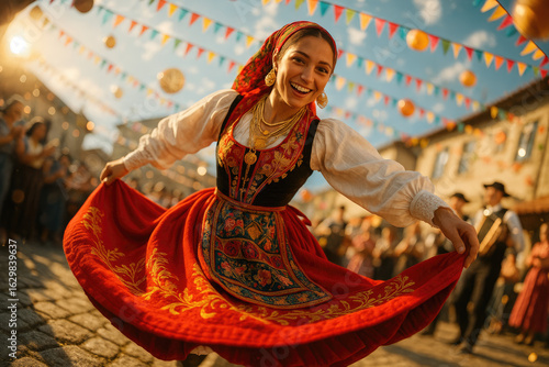 A Young Portuguese Woman in Traditional Rancho Attire Dances with Pride During Festive Folk Celebrations in the Heart of Minho.