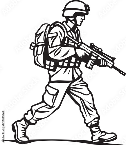 Soldier Carrying Weapon Vector Black Icon Walking Soldier Armed Vector Black Logo Design