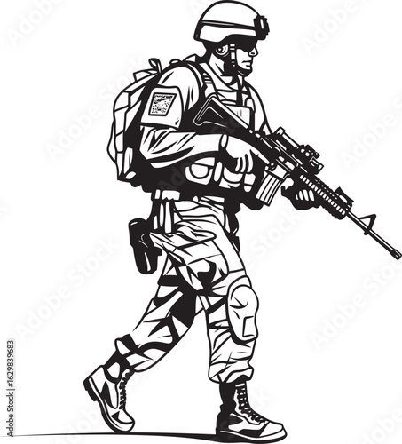 Black Silhouette Logo of Soldier Walking Armed Vector Icon of Soldier Walking with Weapon in Black