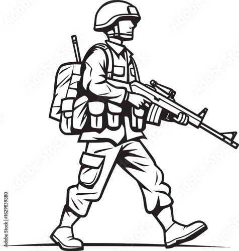 Walking Soldier with Gun Vector Black Icon Vector Black Logo of Soldier Walking Armed