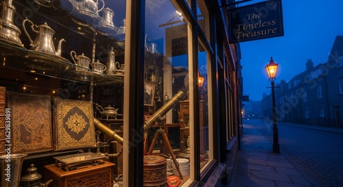 Antique shop window display with vintage silver, books, and telescope at dusk