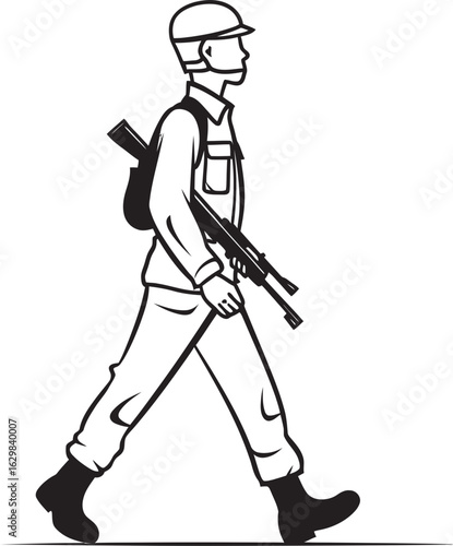 Black Silhouette of Soldier Walking with Gun Logo Vector Black Logo of Soldier Walking with Firearm