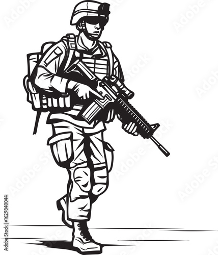 Walking Soldier Carrying Gun Vector Black Logo Vector Black Logo of Soldier Walking with Weapon