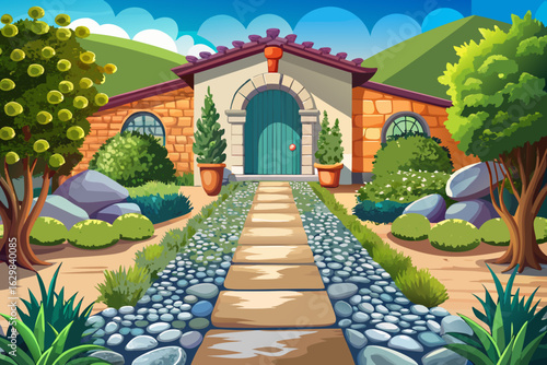 vector of Decorative garden, walk around the house on pebbles and cobblestones to the entrance of the house.