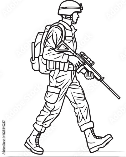 Vector Black Icon of Soldier Walking with Gun Soldier Armed Walking Vector Black Logo Icon