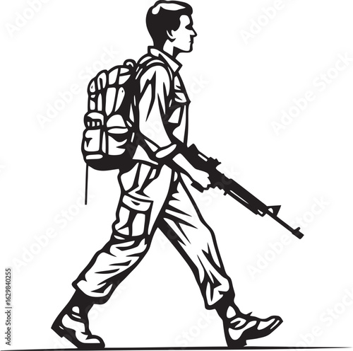 Walking Soldier Holding Gun Vector Black Logo Armed Soldier Marching Vector Black Logo Icon