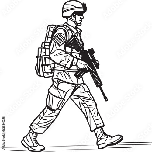 Soldier Walking with Weapon Vector Black Silhouette Walking Soldier Carrying Firearm Vector Black Logo