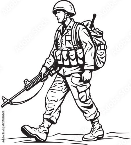Black Vector Icon of Soldier Walking with Rifle Vector Black Logo of Soldier Walking Armed