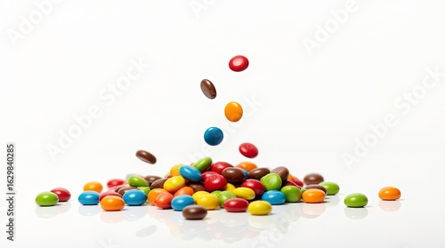 Colorful candies falling isolated on solid white background, 3d rendering