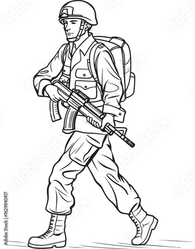 Vector Icon of Soldier Walking with Weapon in Black Walking Soldier Carrying Rifle Vector Black Logo