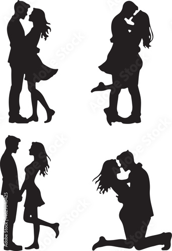 Passionate couple silhouettes in romantic embrace and proposal poses