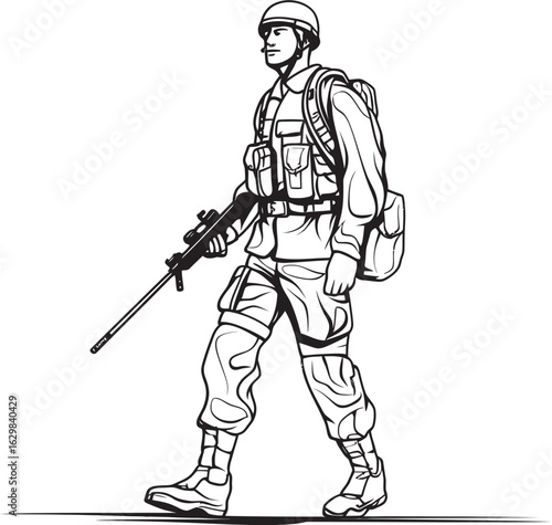 Vector Black Logo of Soldier Walking with Gun Soldier Marching with Firearm Vector Black Icon